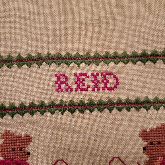 2 Personalized Cross Stitch Christmas Stockings Holiday Decor Rustic Burlap - Picture 7 of 8